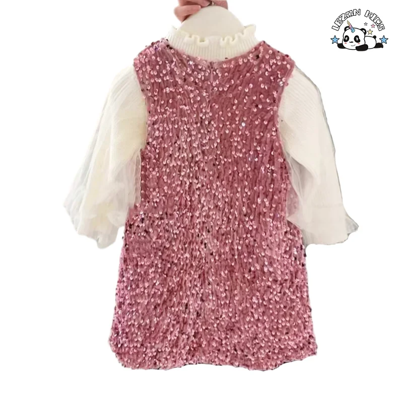 LEZONKIDS - Customizable New Arrival Girl Clothing Set Long Sleeve Sweater Pink Velvet Sequin Dress Set